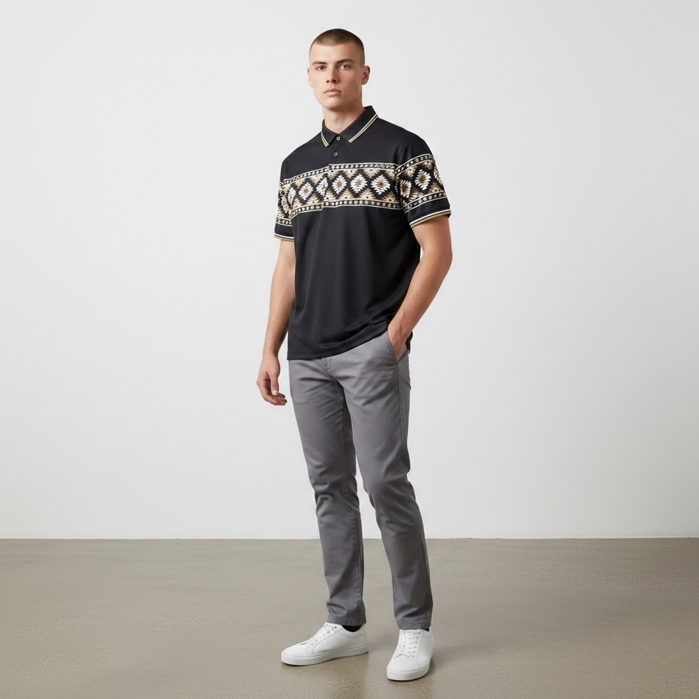Roman Valley Ranch Black Aztec Geometric Print Polo Shirt Short Sleeve Size L